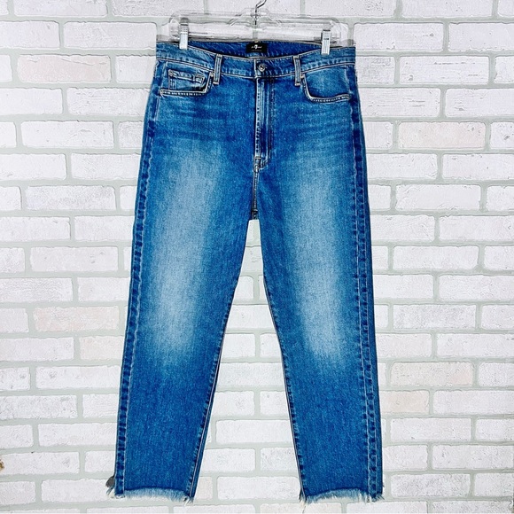 7 For All Mankind High Waist Cropped Straight Leg Raw Hem Jeans Size 32 - Picture 5 of 14